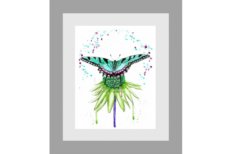 Aqua Blue Butterfly on Green Flower Watercolor Art Print