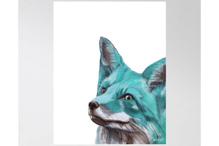Aqua Blue Fox Watercolor Art Print, 11 x 14 Unframed