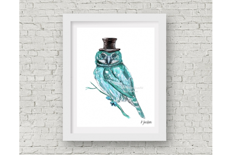 Aqua Blue Owl Watercolor Art Print, 11 x 14, Unframed