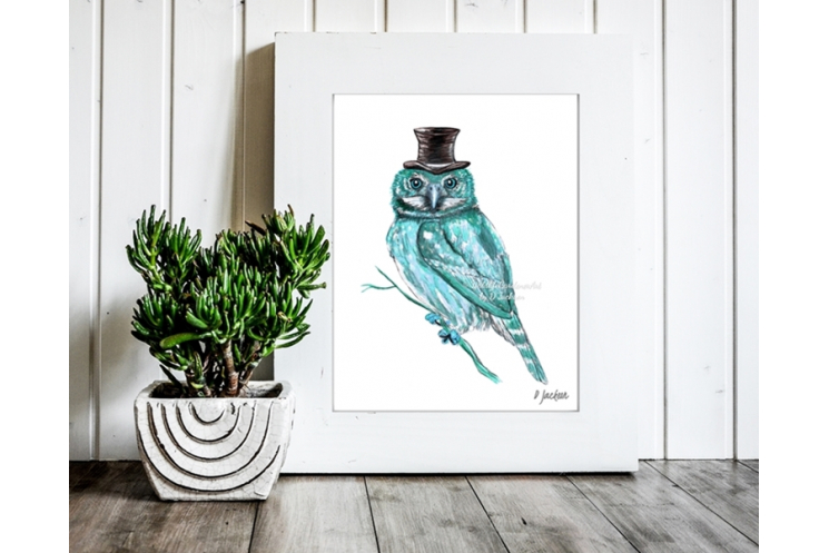 Aqua Blue Owl Watercolor Art Print, 11 x 14, Unframed