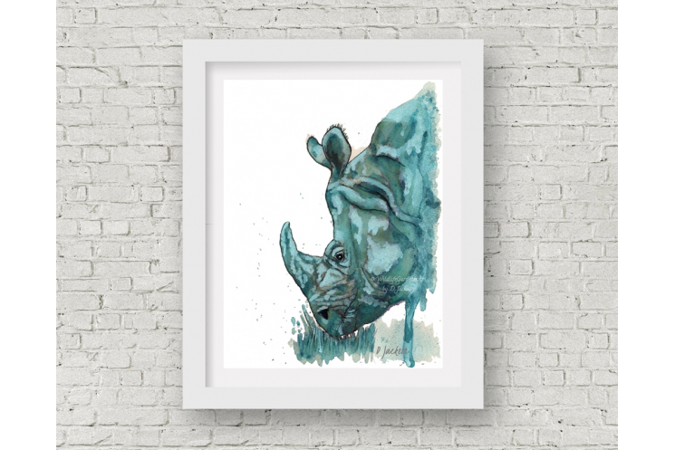 Aqua Rhino Watercolor Art Print, 11 x 14 Unframed