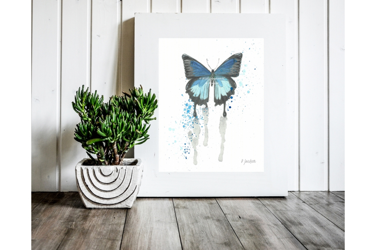 Watercolor Blue Butterfly Art Print, 11 x 14 Unframed