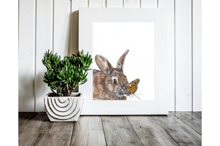 Bunny and Butterfly Watercolor Art Print, 11 x 14 Unframed