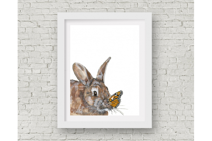 Bunny and Butterfly Watercolor Art Print, 11 x 14 Unframed
