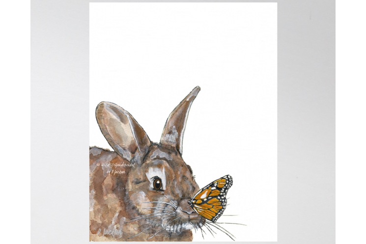 Bunny and Butterfly Watercolor Art Print, 11 x 14 Unframed