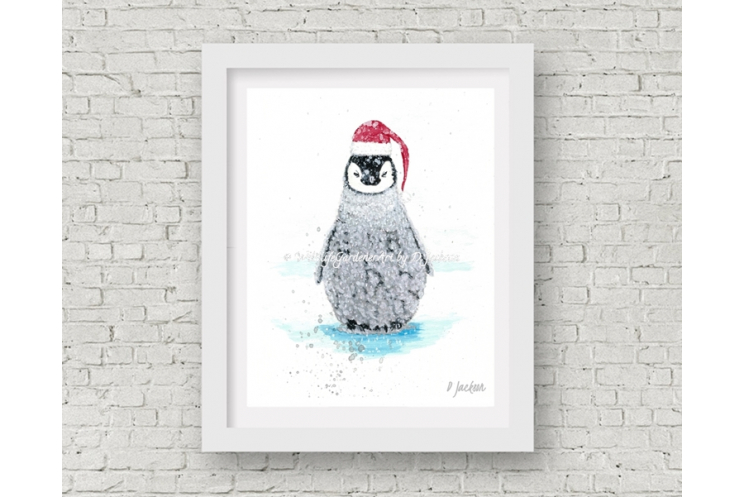 Baby Penguin Christmas Decor, Watercolor Art Print 11 x 14 Unframed