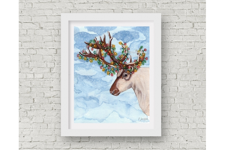 Christmas Lights Reindeer Watercolor Art Print, 11 x 14 Unframed