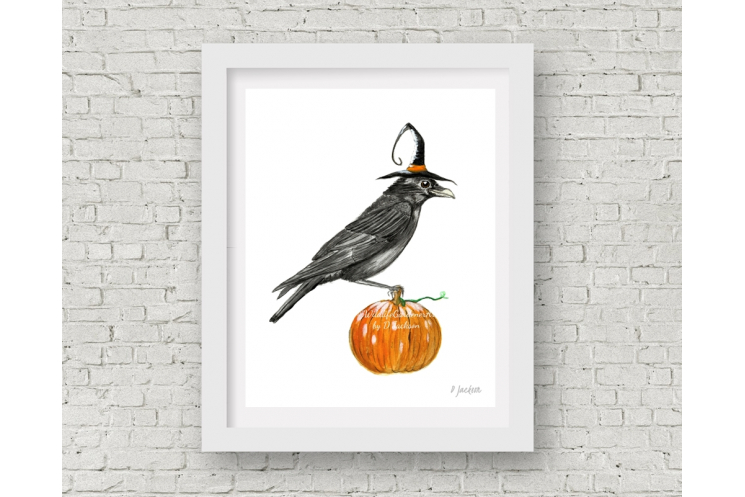 Halloween Crow Watercolor Art Print, 11 x 14 Unframed