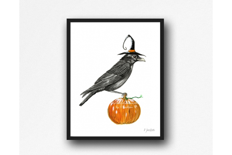 Halloween Crow Watercolor Art Print, 11 x 14 Unframed