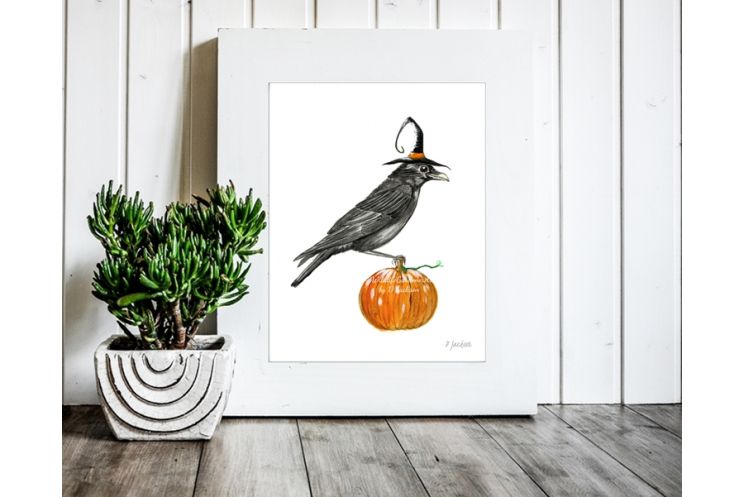Halloween Crow Watercolor Art Print, 11 x 14 Unframed