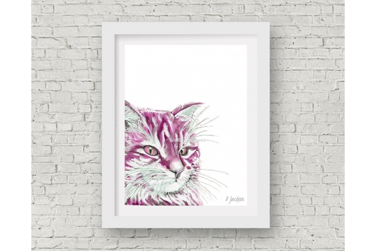 Pink Cat Watercolor Art Print, 11 x 14 Unframed