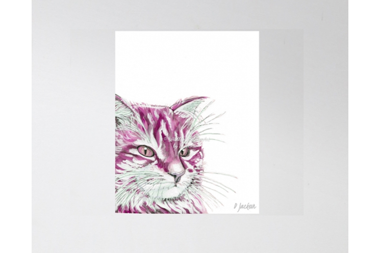 Pink Cat Watercolor Art Print, 11 x 14 Unframed