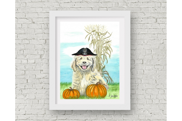 Halloween Puppy Pirate Watercolor Art Print, 11 x 14 Unframed