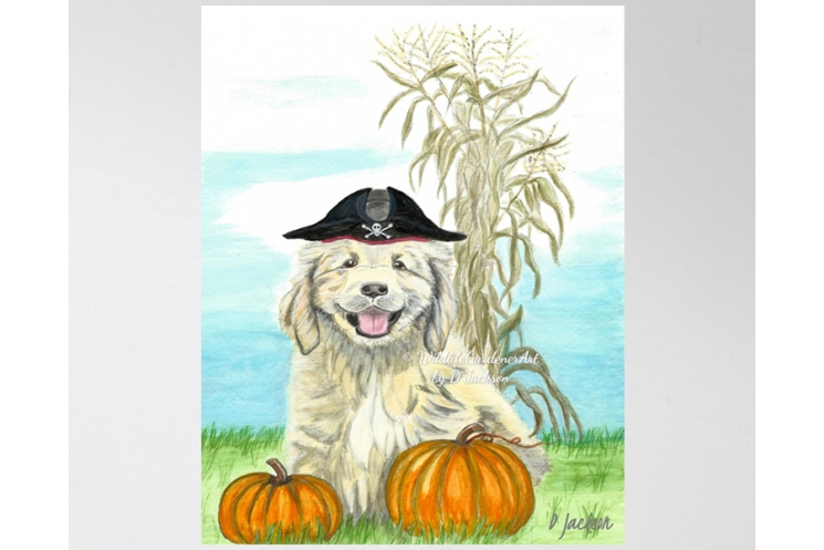 Halloween Puppy Pirate Watercolor Art Print, 11 x 14 Unframed