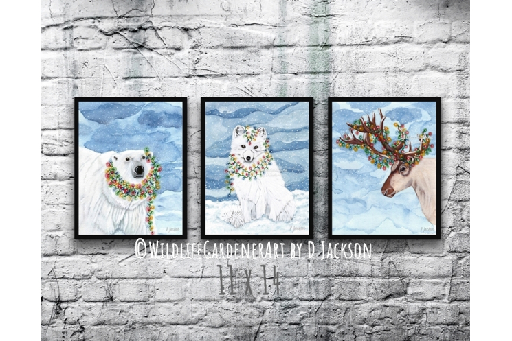 Christmas Lights Wildlife Watercolor Art Prints ( Set of 3)