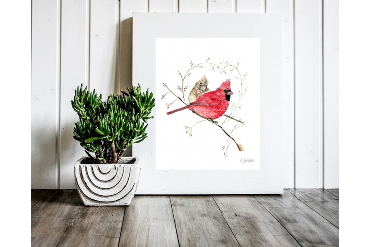 Winter Cardinals Watercolor Art Print, 11 x 14 Unframed