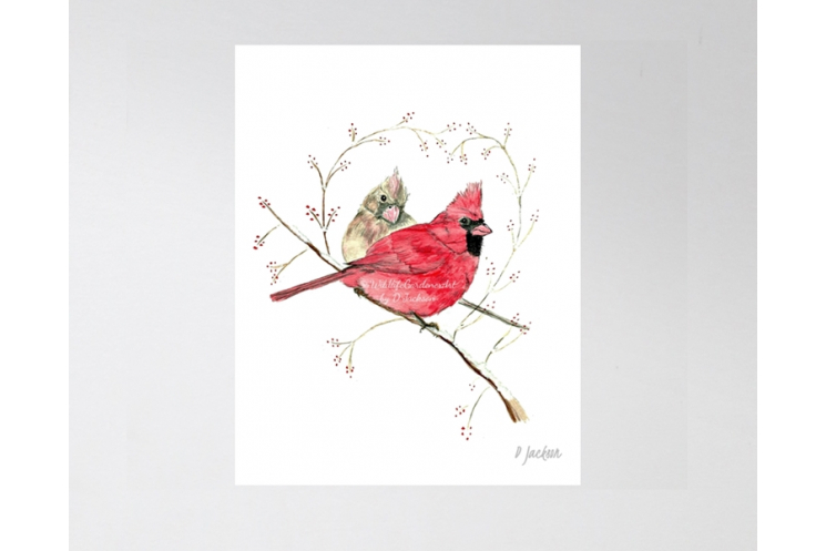 Winter Cardinals Watercolor Art Print, 11 x 14 Unframed