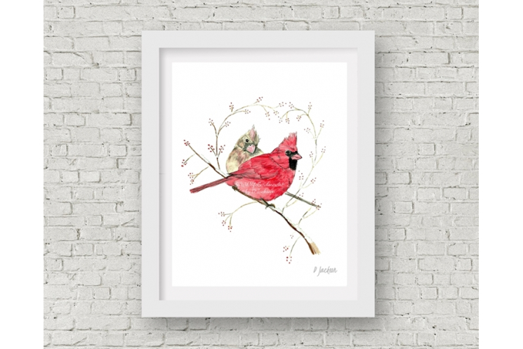 Winter Cardinals Watercolor Art Print, 11 x 14 Unframed