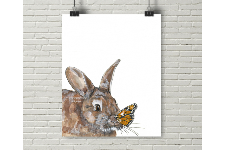 Bunny and Monarch Butterfly Watercolor Art Print, 16 x 20, Unframed