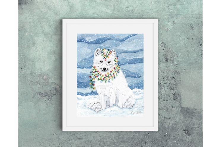 Arctic Fox Christmas Decor, Watercolor Art Print 16 x 20 Unframed