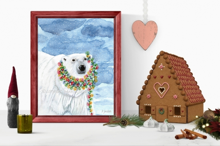 Contemporary Polar Bear Christmas Decor, Watercolor Art Print 16 x 20 Unframed