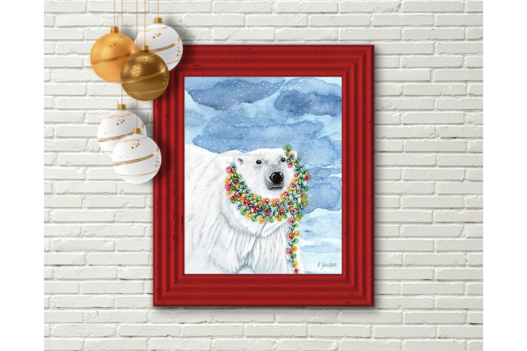 Christmas Lights Polar Bear Watercolor Art Print