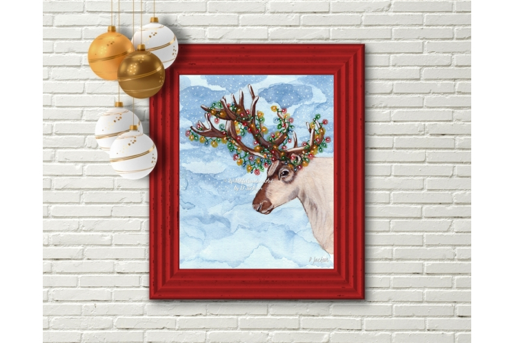Contemporary Reindeer Christmas Decor, Watercolor Art Print 16 x 20 Unframed