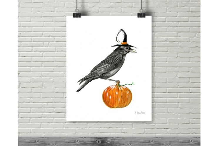 Halloween Witch Crow Watercolor Art Print, 16 x 20 Unframed