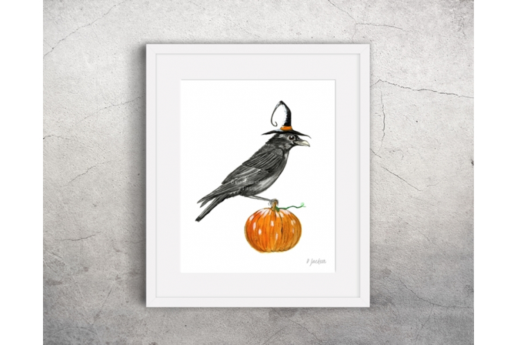 Halloween Witch Crow Watercolor Art Print, 16 x 20 Unframed