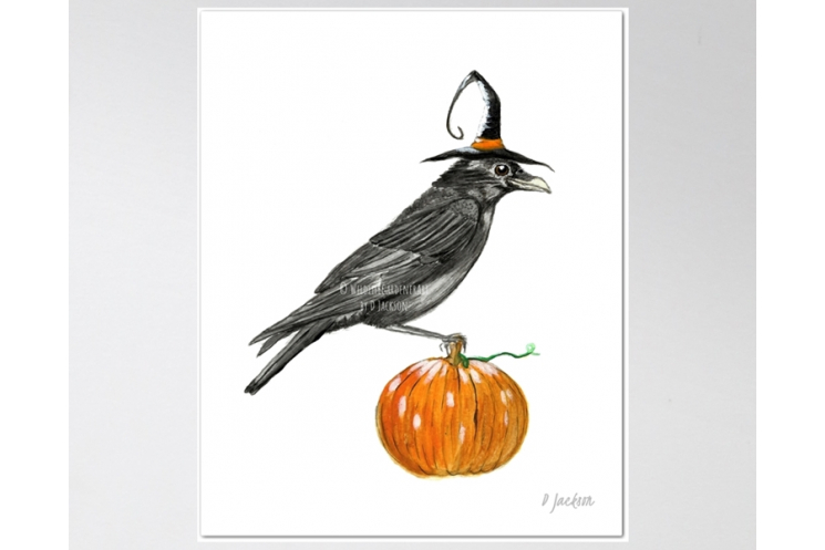 Halloween Witch Crow Watercolor Art Print, 16 x 20 Unframed
