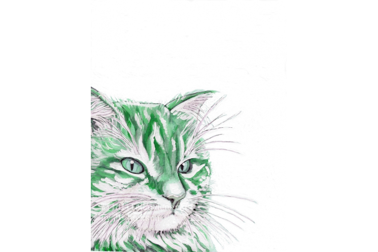 Green Cat Watercolor Art Print, Pop Art, Modern Wall Art, Contemporary Pet Art