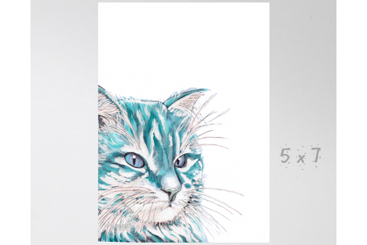 Aqua Blue Watercolor Cat Art Print 5 x 7