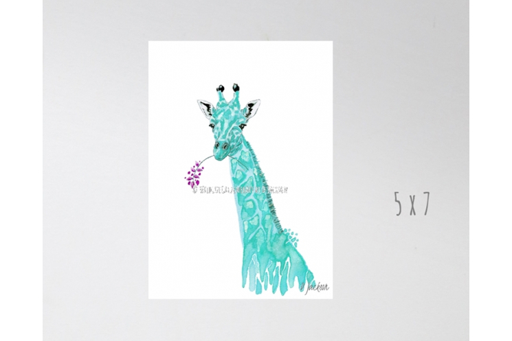 Aqua Blue Giraffe Watercolor Art Print