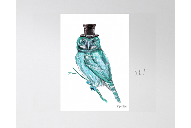 Aqua Owl in Top Hat Watercolor Art Print