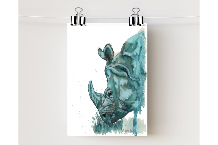 Aqua Rhino Watercolor Art Print, Unframed 5 x 7
