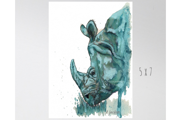 Aqua Rhino Watercolor Art Print, Unframed