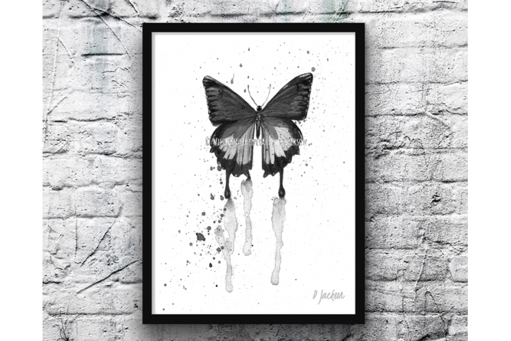 Black and White Butterfly Watercolor Art Print