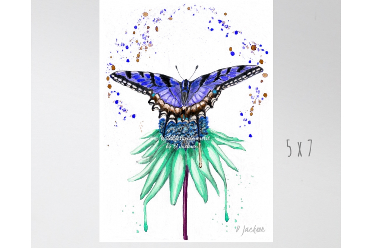 Blue Butterfly on Aqua Flower Watercolor Art Print