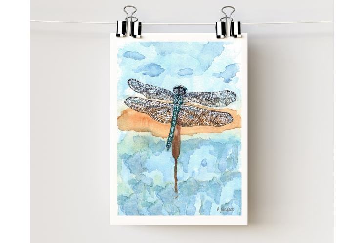 Blue Dragonfly Watercolor Art Print 5 x 7