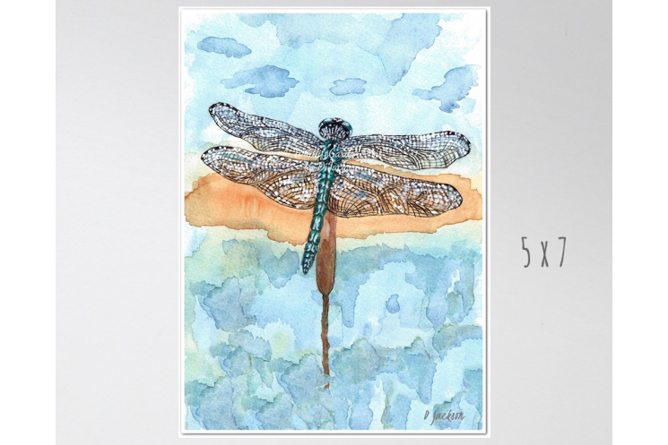 Blue Dragonfly Watercolor Art Print 5 x 7
