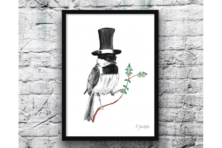 Chickadee in Top Hat Watercolor Art Print