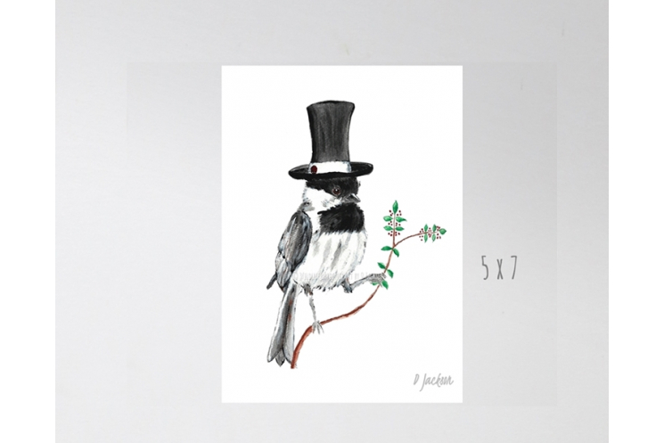 Chickadee in Top Hat Watercolor Art Print