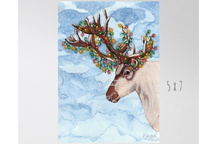 Christmas Lights Reindeer Watercolor Art Print