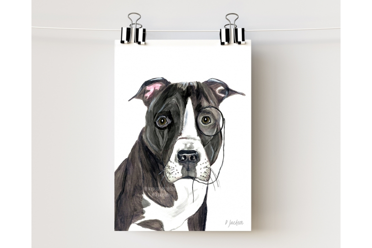 Pit Bull with Monacle Watercolor Art Print