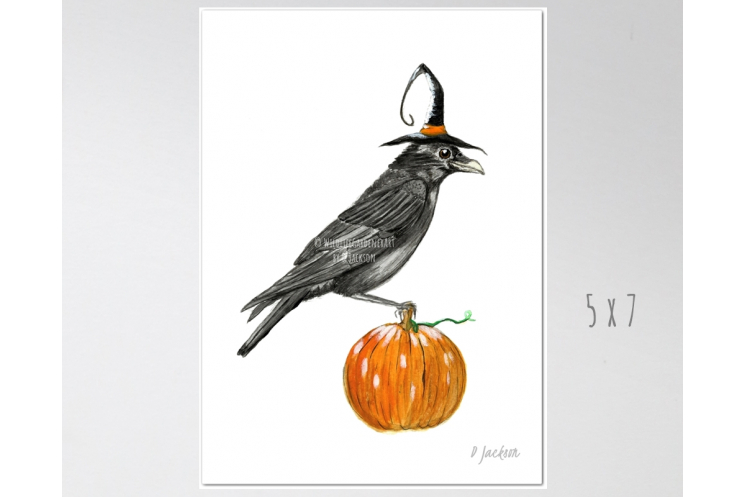 Halloween Crow Watercolor Art Print 5 x 7