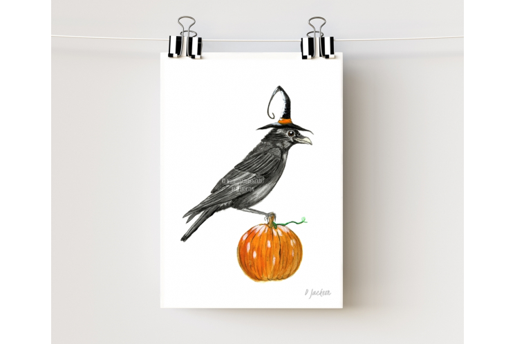 Halloween Crow Watercolor Art Print 5 x 7