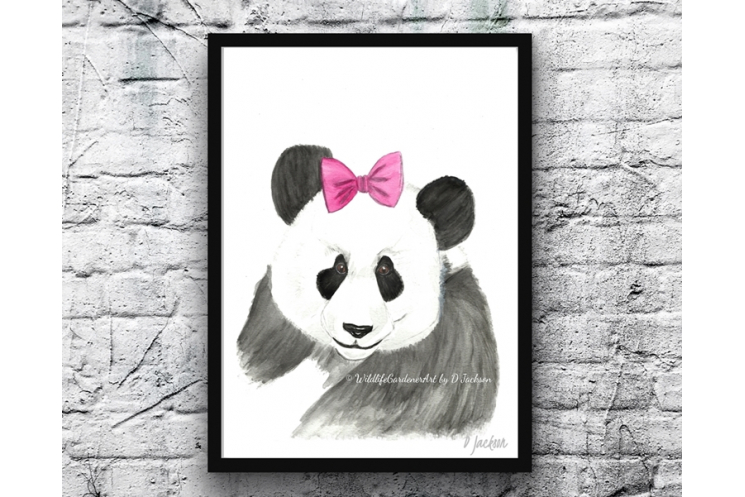 Giant Panda with Pink Hair Bow Watercolor Art Print