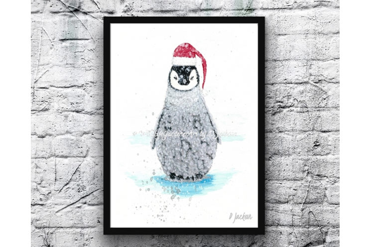 Christmas Penguin Santa Watercolor Art Print