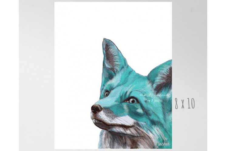 Aqua Blue Fox Watercolor Art Print