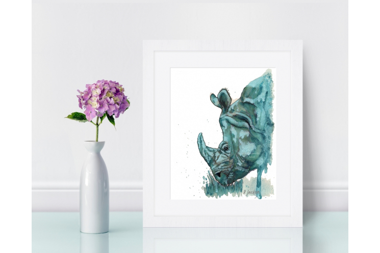 Aqua Rhino Watercolor Art Print, Unframed 8 x 10